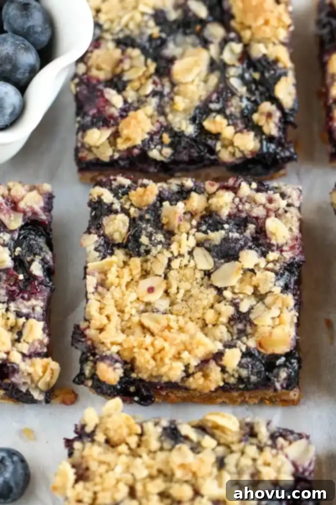 Sliced blueberry bars next to a dish of fresh blueberries. 