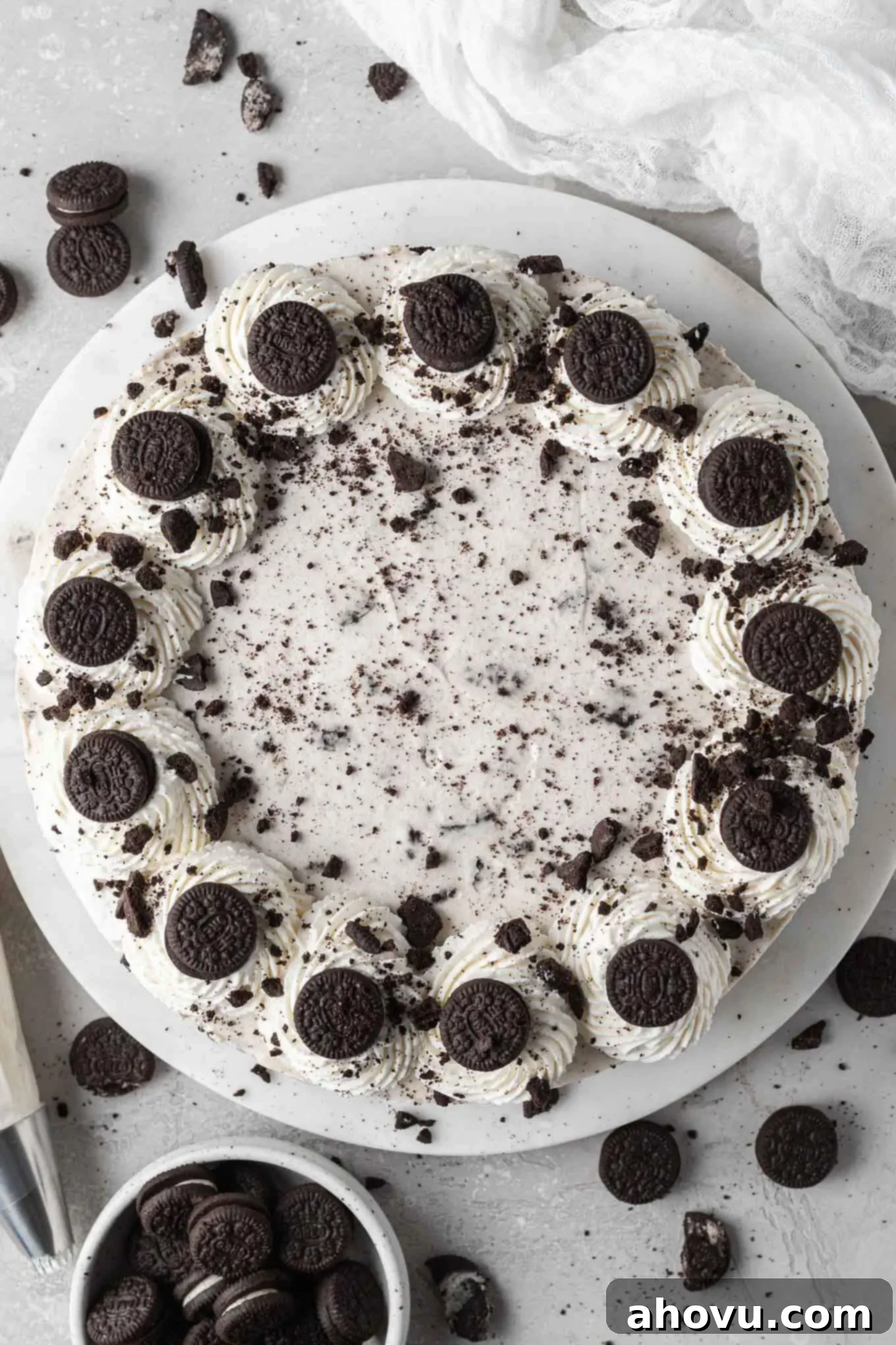 Decadent No-Bake Oreo Cheesecake 2 An overhead view of a no bake Oreo cheesecake, showcasing its creamy texture and rich cookie topping.