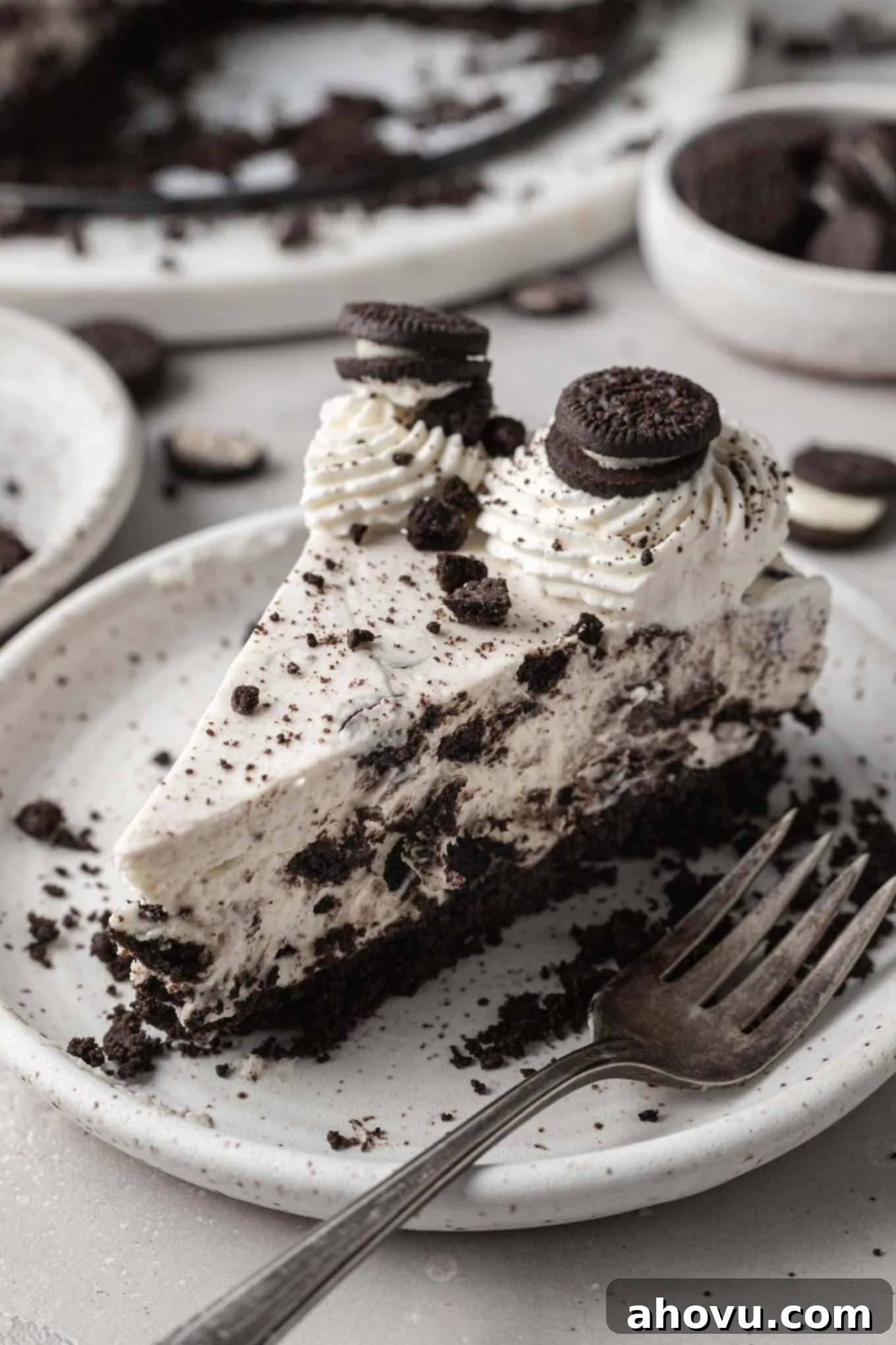 Decadent No-Bake Oreo Cheesecake 9 A perfectly portioned slice of no-bake Oreo cheesecake resting on a white dessert plate.