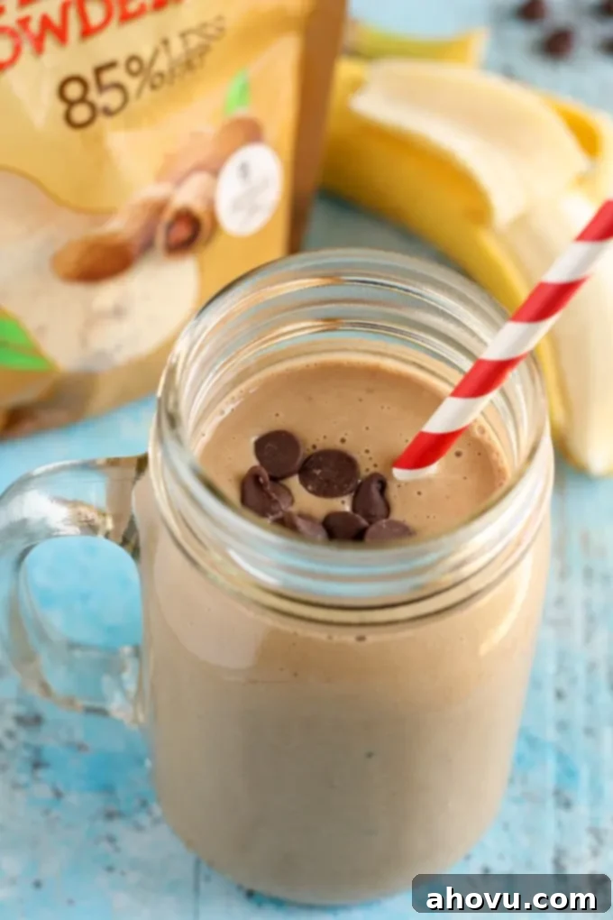 Delicious Peanut Butter Mocha Smoothie in a tall glass