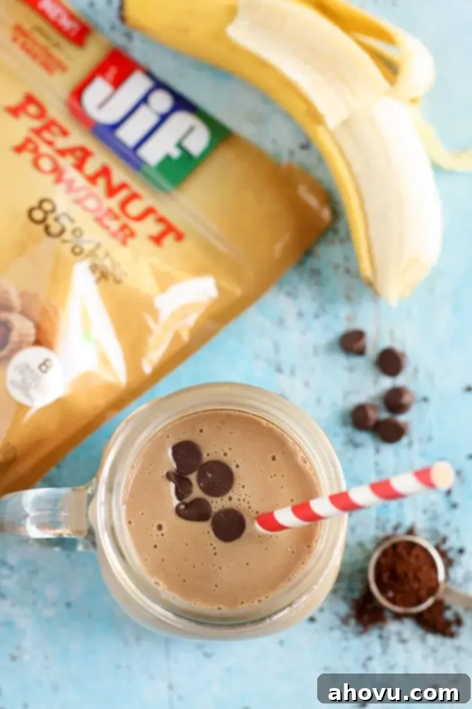 Finished Peanut Butter Mocha Smoothie with straw and chocolate chips