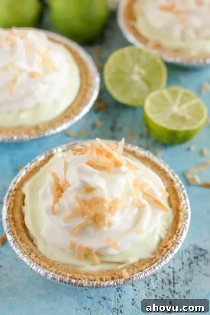 Delicious Mini Key Lime Greek Yogurt Cheesecake Pies topped with whipped cream and toasted coconut, ready to be enjoyed