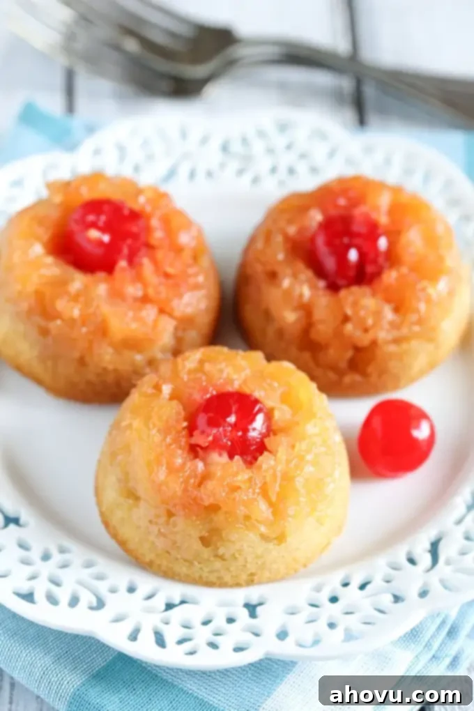 Caramelized Pineapple Mini Cakes 2 Three mini pineapple upside down cakes on a white dessert plate, garnished with maraschino cherries. A fork rests in the background, hinting at a delicious treat.