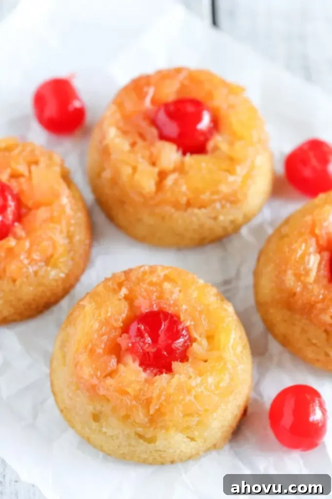 Caramelized Pineapple Mini Cakes 3 Four golden-brown mini pineapple upside-down cakes, adorned with bright red maraschino cherries, artfully arranged on parchment paper with additional cherries scattered around.
