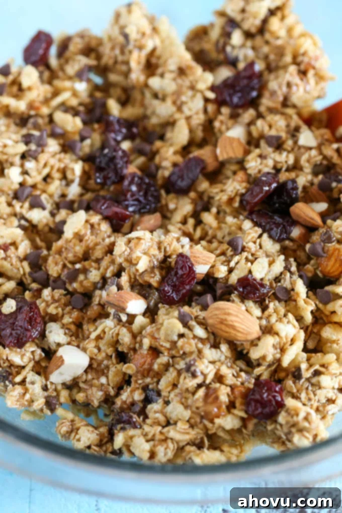 Healthy homemade granola bar mixture in a bowl. 