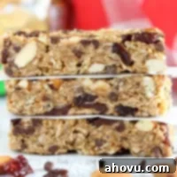 Close-up of a stack of No-Bake Chocolate Cherry Almond Granola Bars