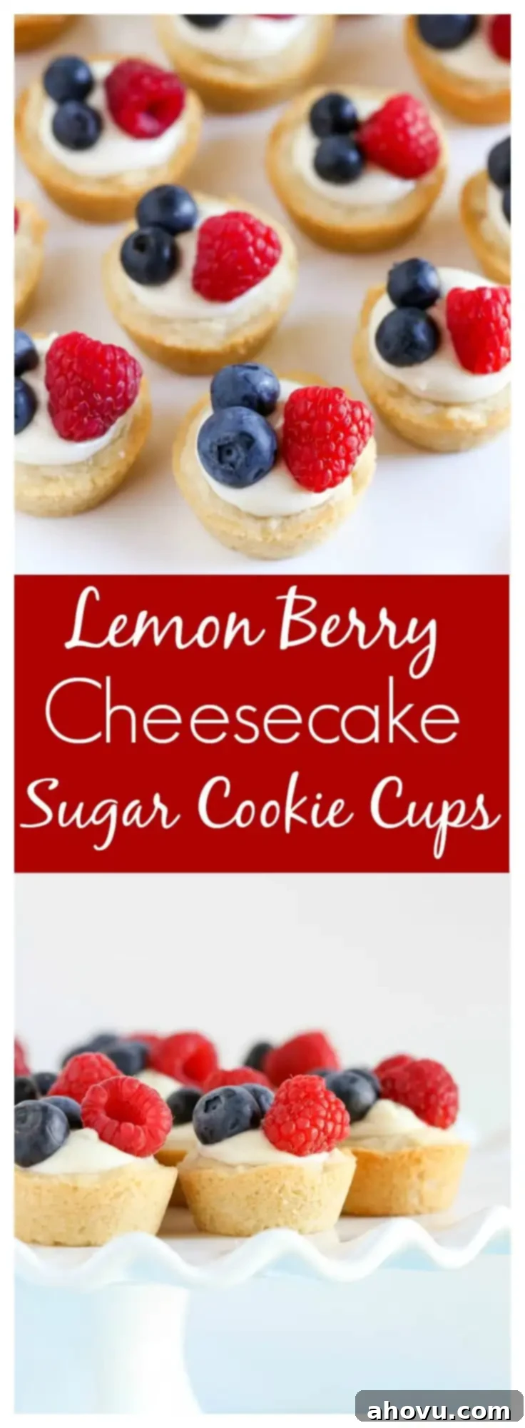 Zesty Berry Cheesecake Cookie Cups 7 Sugar cookie cups filled with a no-bake lemon cream cheese filling and topped with fresh berries. These Lemon Berry Cheesecake Sugar Cookie Cups make the perfect summer dessert!