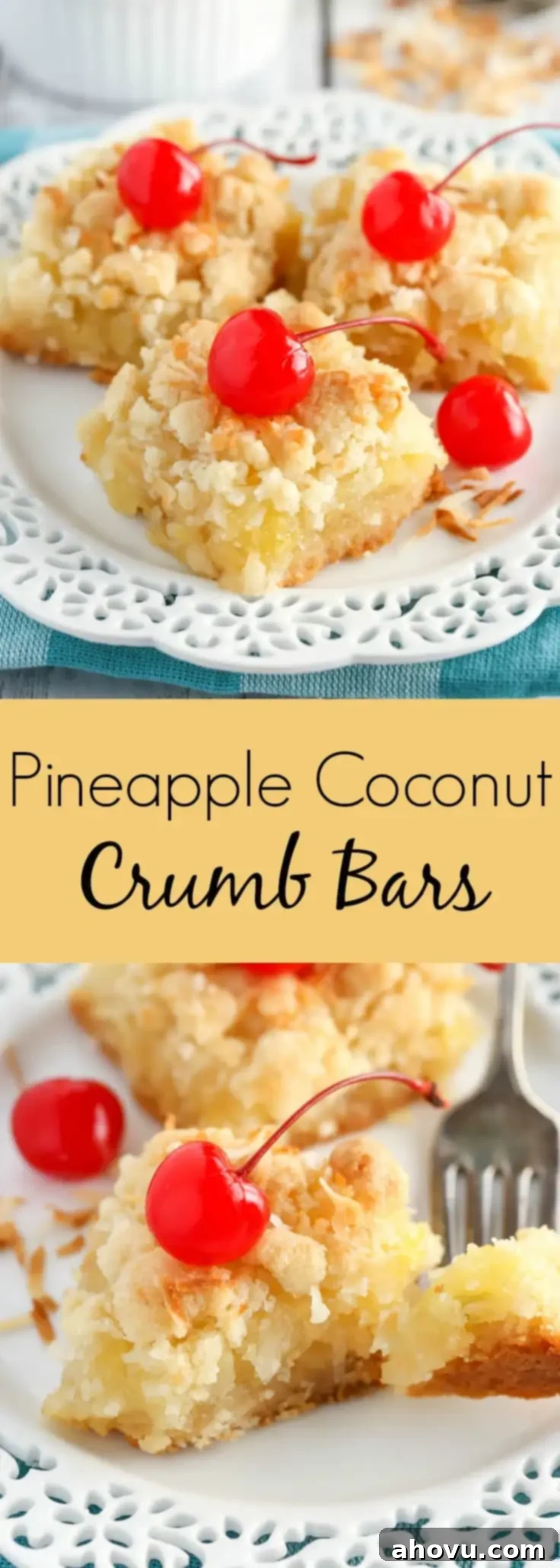 A stunning full-length shot of numerous sliced Pineapple Coconut Crumb Bars, highlighting their golden, textured topping and a thick, inviting pineapple coconut filling. These bars feature the same versatile mixture for both the delightful crust and the crumbly topping, making them an easy and incredibly delicious treat.