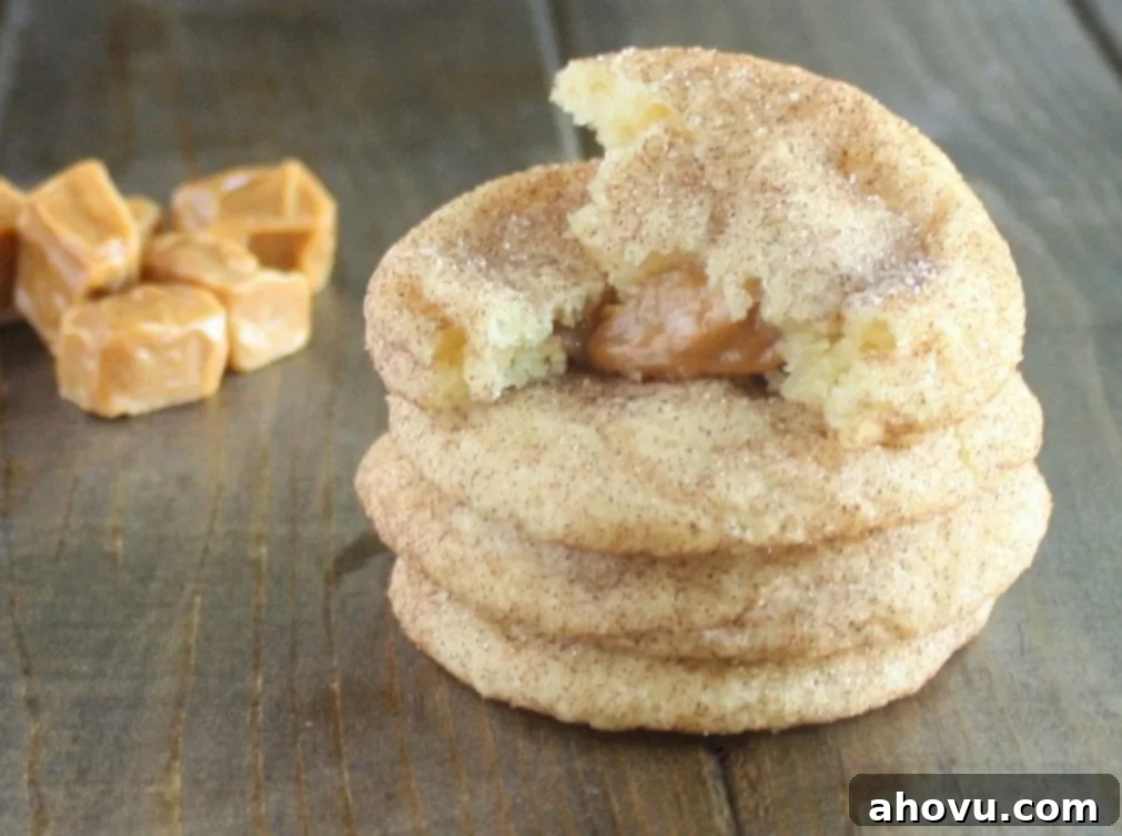 Close-up of Baked Caramel Stuffed Snickerdoodle Cookies with Gooey Center