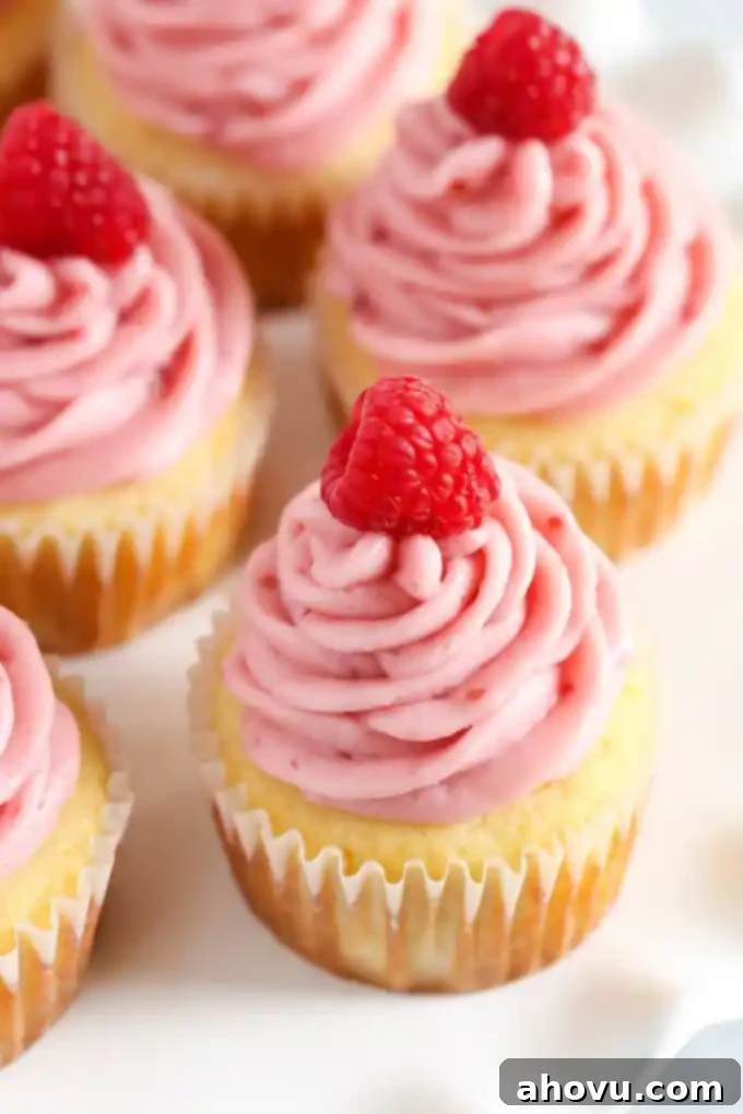 Close up of lemon cupcakes topped with raspberry buttercream and fresh raspberries on a white platter.