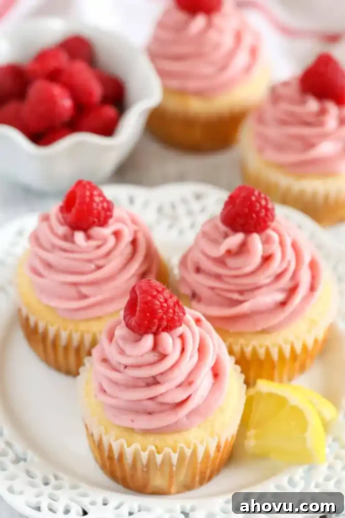 Lemon cupcakes topped with raspberry frosting and fresh raspberries on a white plate. A bowl of berries and more cupcakes rest in the background. 