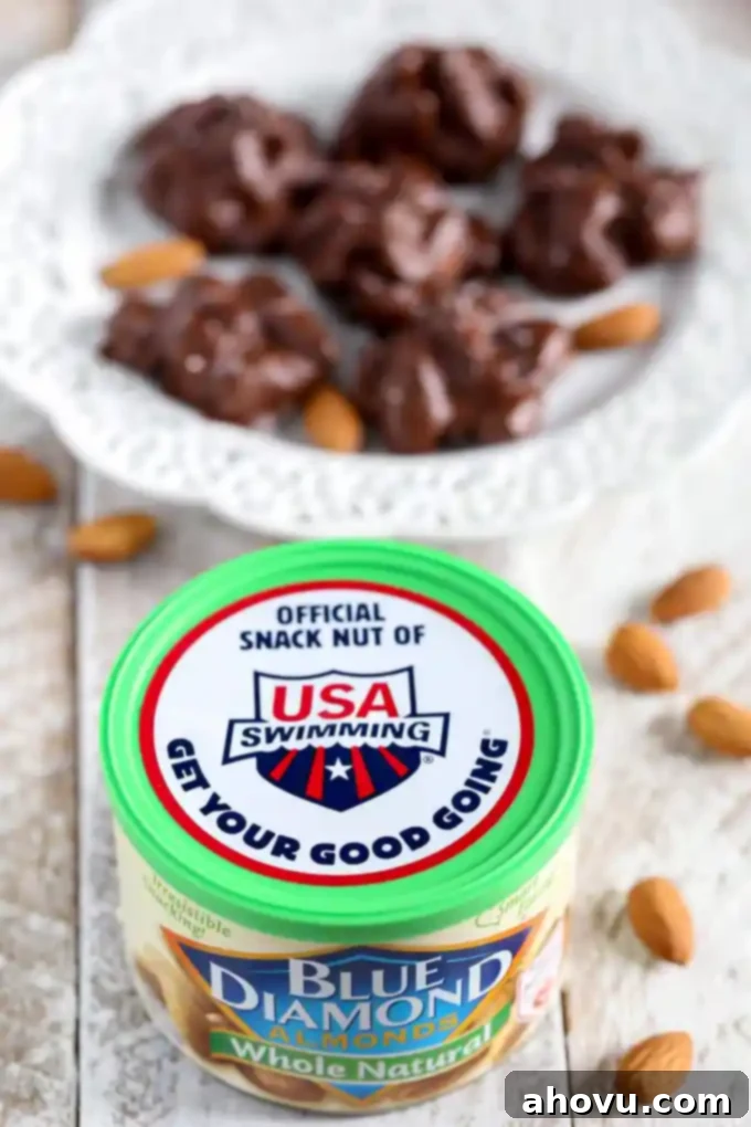 Close-up shot of freshly prepared Chocolate Espresso Almond Clusters, highlighting the crunchy almonds.