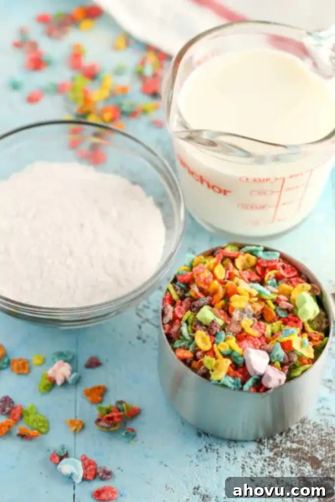 Ingredients for pudding pops: instant pudding mix, milk, and Marshmallow Fruity Pebbles.