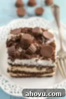 A slice of Peanut Butter Chocolate Icebox Cake showing its delicious layers.