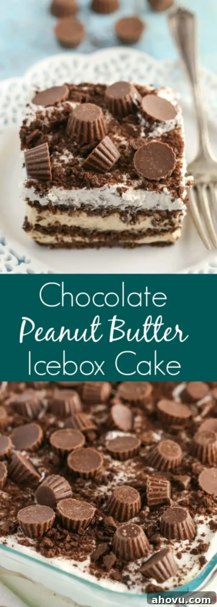 Layers of chocolate graham crackers and a creamy peanut butter filling topped off with whipped cream and mini peanut butter cups! This Chocolate Peanut Butter Icebox Cake is an easy and delicious no-bake dessert.