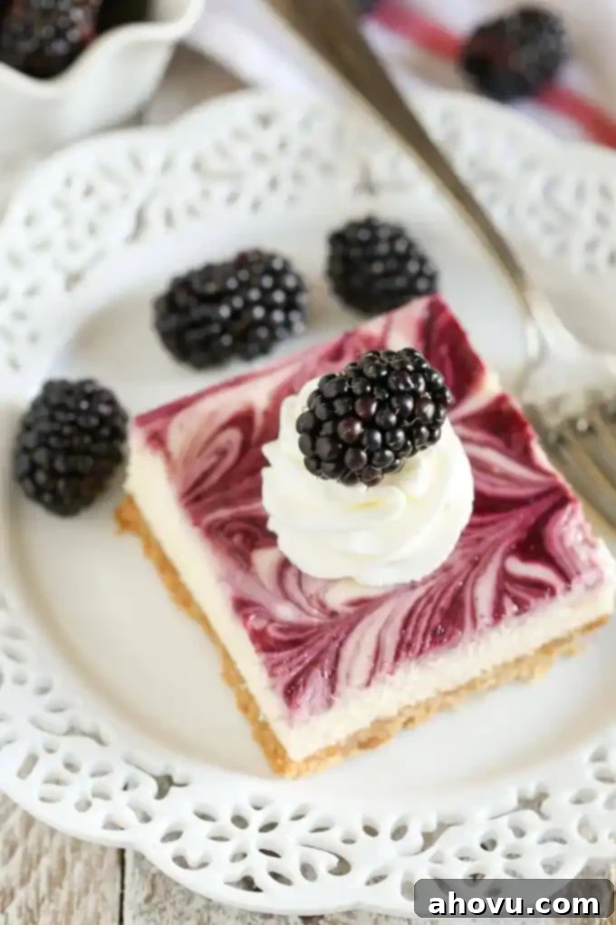 A homemade graham cracker crust topped with a smooth and creamy cheesecake filling and blackberry swirl. These Blackberry Swirl Cheesecake Bars make a gorgeous and delicious dessert that's perfect for summer gatherings.