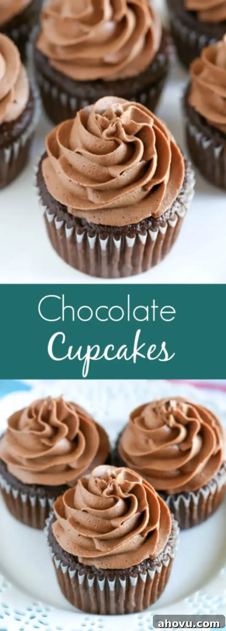 Perfect Chocolate Cupcakes topped with a chocolate buttercream frosting! These cupcakes are easy to make, incredibly soft, light, and moist.