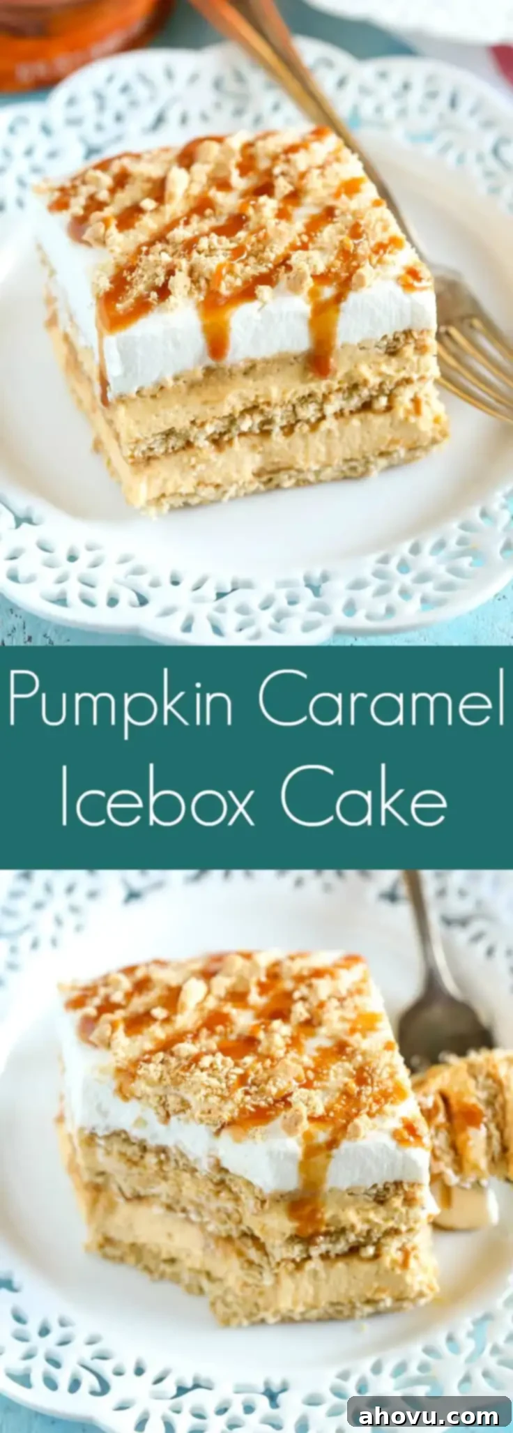 Layers of graham crackers, no-bake pumpkin spice cheesecake filling, and caramel topped off with homemade whipped cream. This No-Bake Pumpkin Caramel Icebox Cake is an easy and delicious fall dessert!