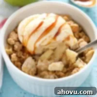 Cozy Apple Crisp for Two 5 A small batch apple crisp for two, served with ice cream and caramel.