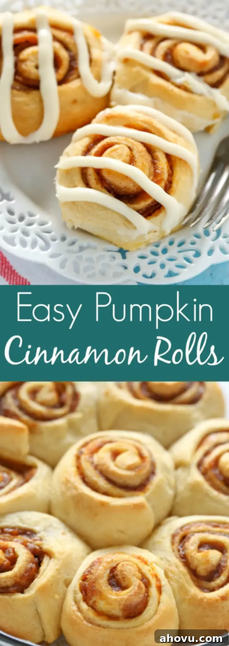 Easy Pumpkin Cinnamon Rolls made with crescent roll dough and topped with a homemade cream cheese frosting. The perfect fall breakfast!