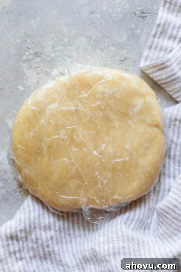 Homemade pie dough, wrapped securely in plastic wrap, resting on a rustic gray surface, indicating it's ready for chilling.