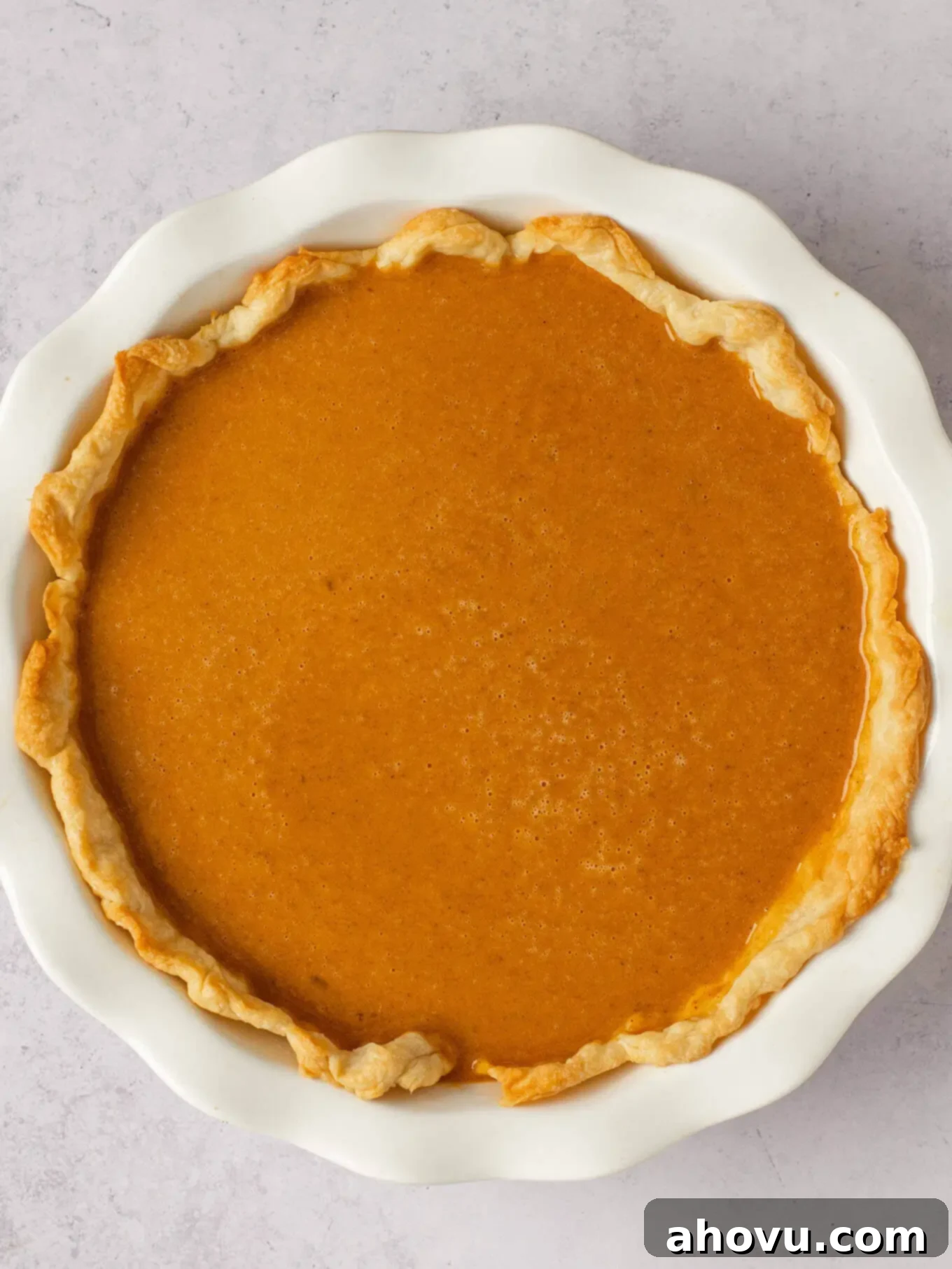 Spiced Pumpkin Perfection 14 An overhead view of the rich pumpkin pie filling being poured into a partially baked pie crust, nestled in a white ceramic dish, ready for its final bake.