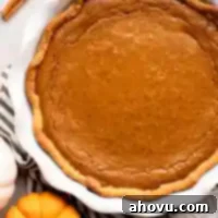 Spiced Pumpkin Perfection 17 An overhead view of a homemade pumpkin pie in a white pie plate. A mini pumpkin and cinnamon sticks are near it.