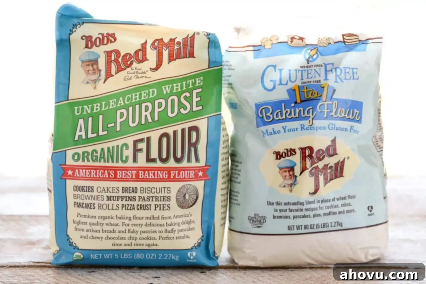 A bag of Bob's Red Mill all-purpose flour next to a bag of gluten-free 1:1 flour. 
