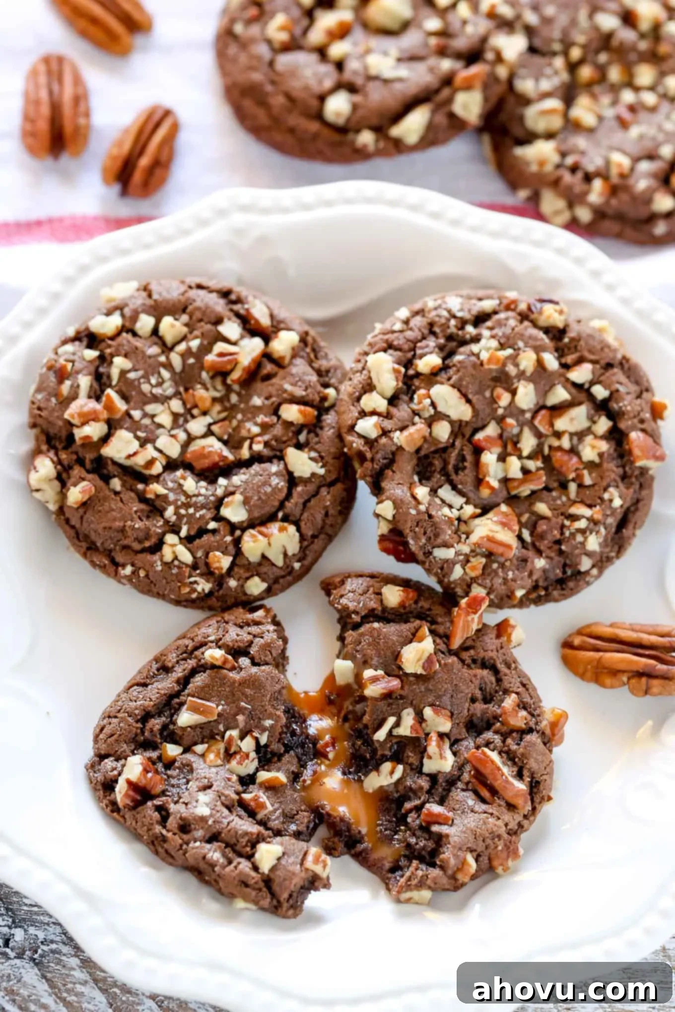 Three turtle cookies on a white plate. One cookie has been torn in half. Additional cookies rest in the background. 
