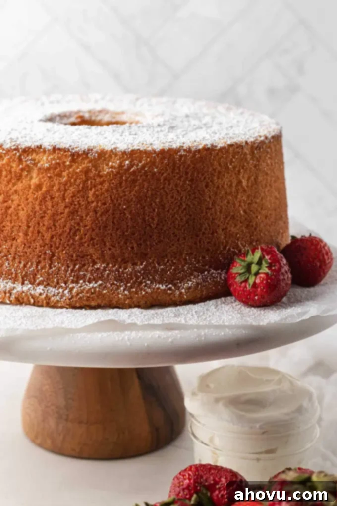 A beautifully baked chiffon cake, lightly dusted with powdered sugar, resting on a elegant marble cake stand. Fresh, vibrant strawberries are artfully arranged beside it.