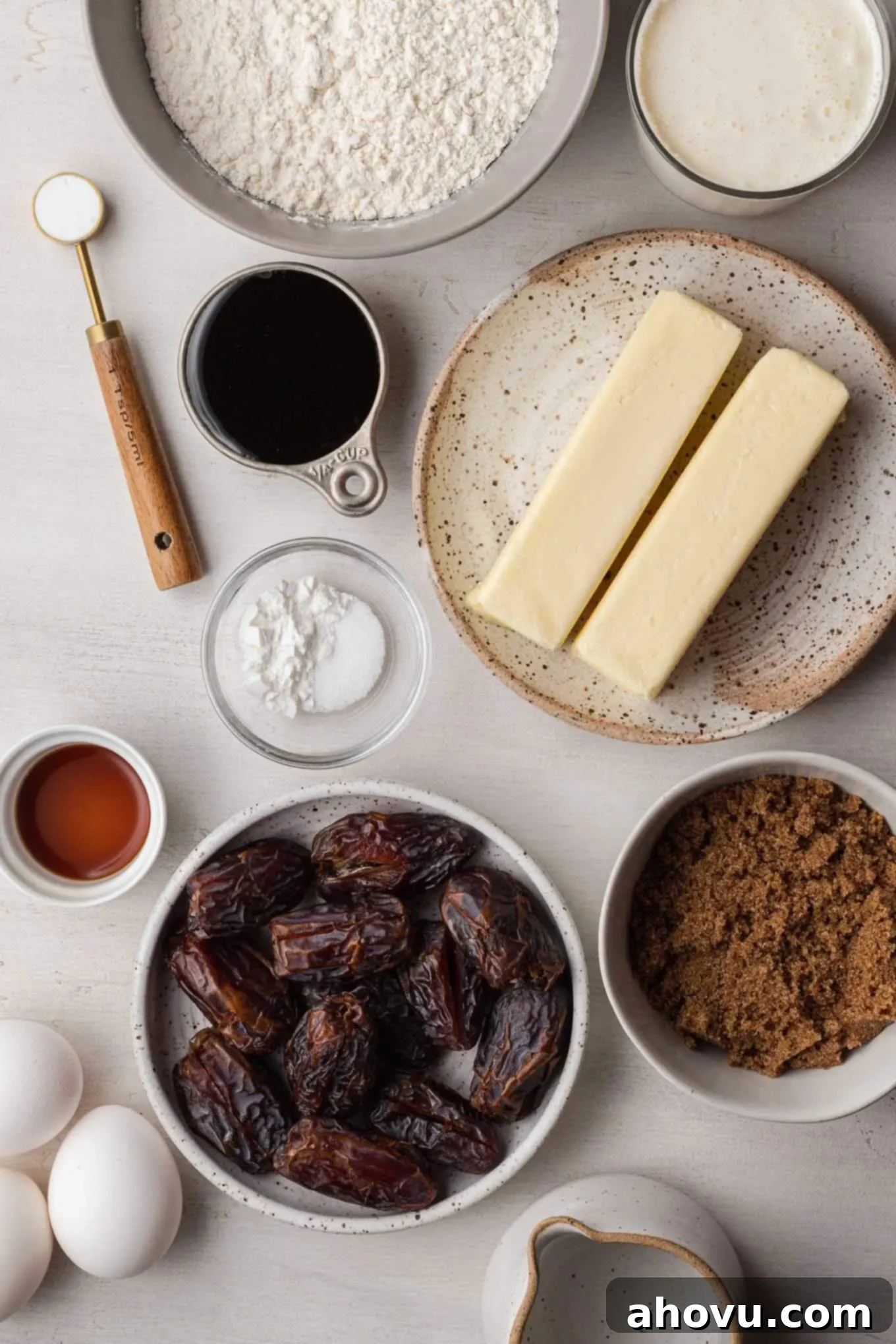Warm Sticky Toffee Bliss 3 Overhead view of the ingredients needed for this sticky toffee pudding recipe.