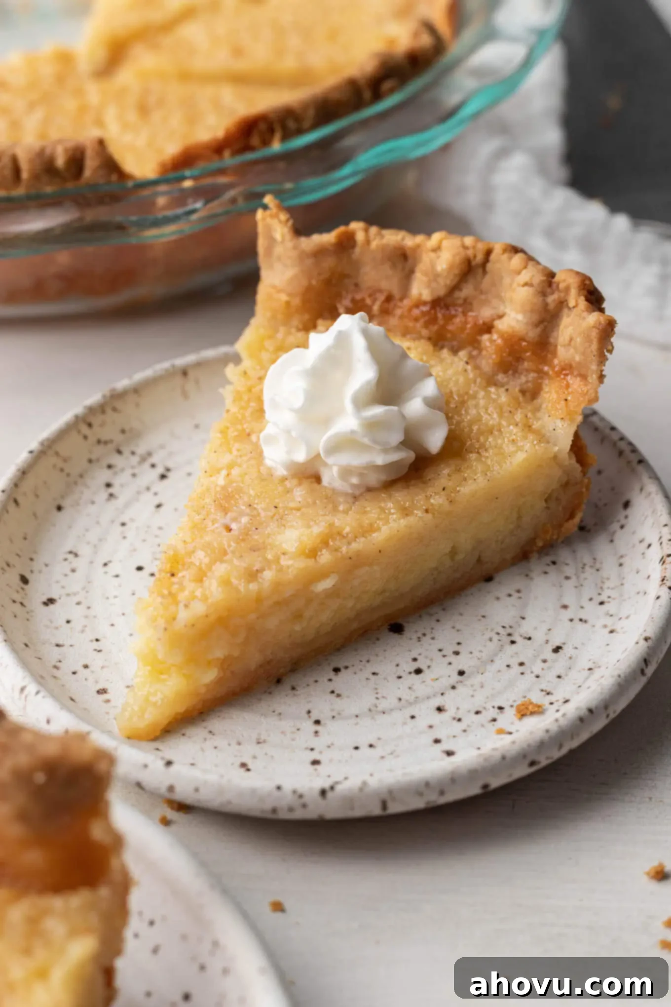 A slice of homemade buttermilk pie topped with whipped cream.