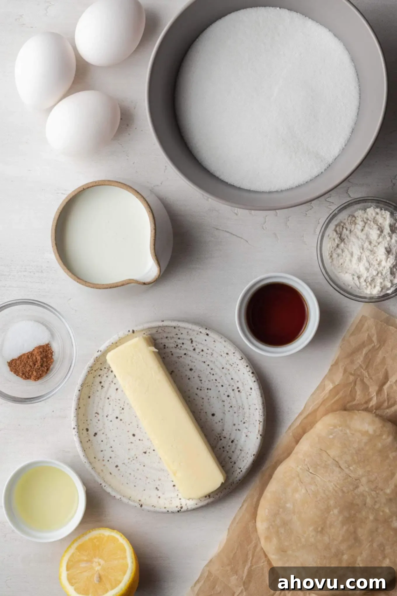 Overhead view of the ingredients needed to make Southern buttermilk pie.