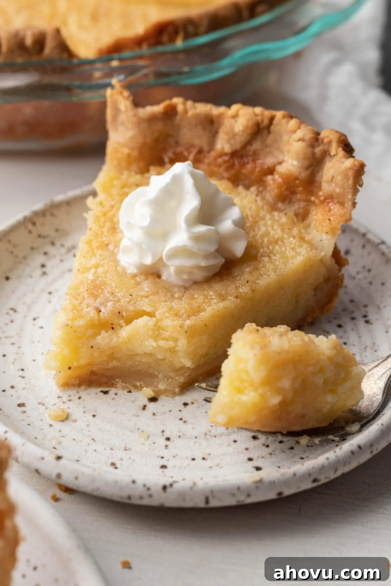 A close-up view of a slice of buttermilk pie, with a bite resting on a fork.