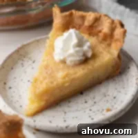 A slice of buttermilk pie topped with whipped cream on a white speckled plate.