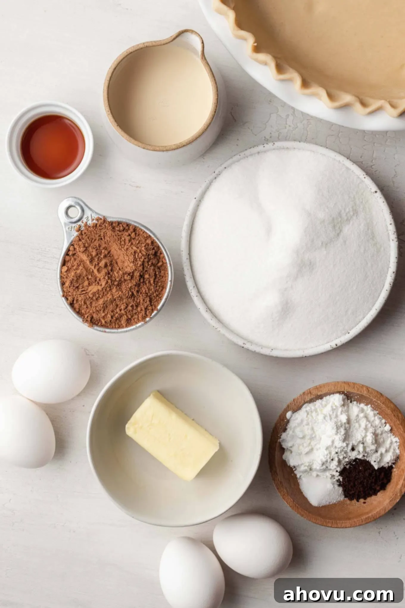 Heirloom Chocolate Pie 3 An overhead view of the carefully measured and prepared ingredients needed to create a delicious, rich chocolate chess pie.