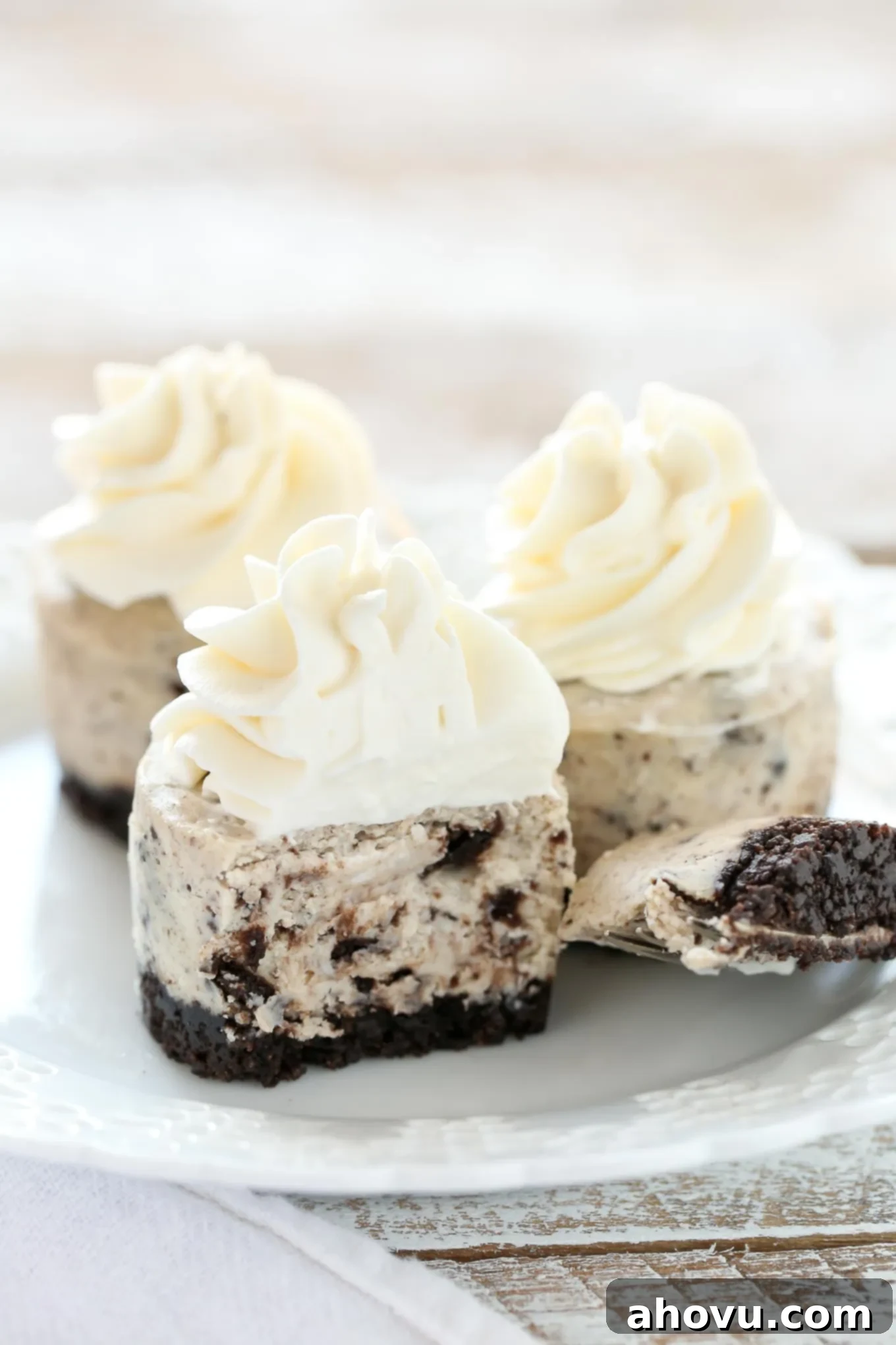 Oreo Cookie Cheesecake Bites 4 Three perfectly baked and chilled mini Oreo cheesecake bites on a white plate, with one having a small bite taken out, showcasing the filling.