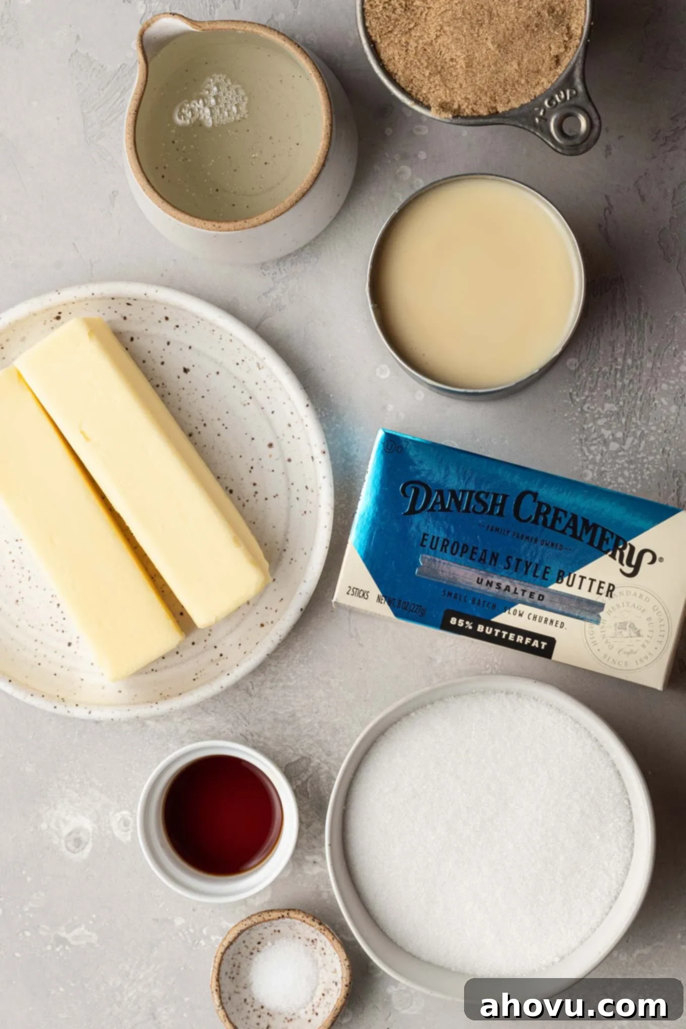 An overhead view of the ingredients needed to make homemade caramels.