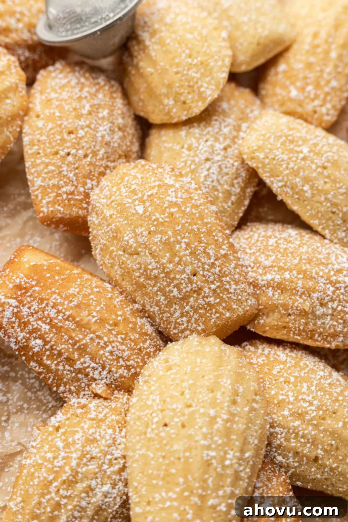 Golden Madeleines 2 French madeleines dusted with powdered sugar on parchment paper, highlighting their signature hump.
