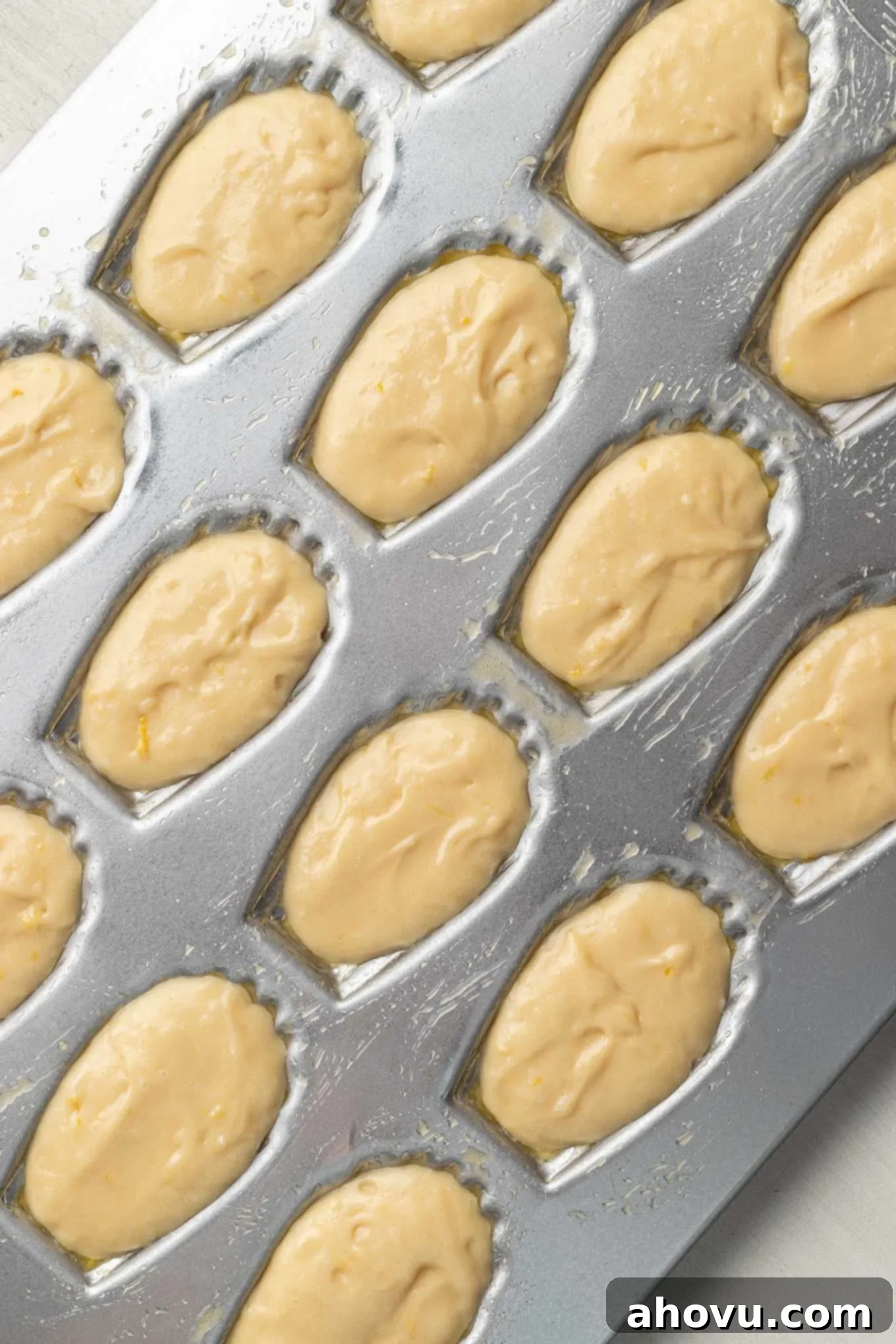 Golden Madeleines 4 Unbaked madeleines batter scooped into the cavities of a madeleine pan, seen from above.