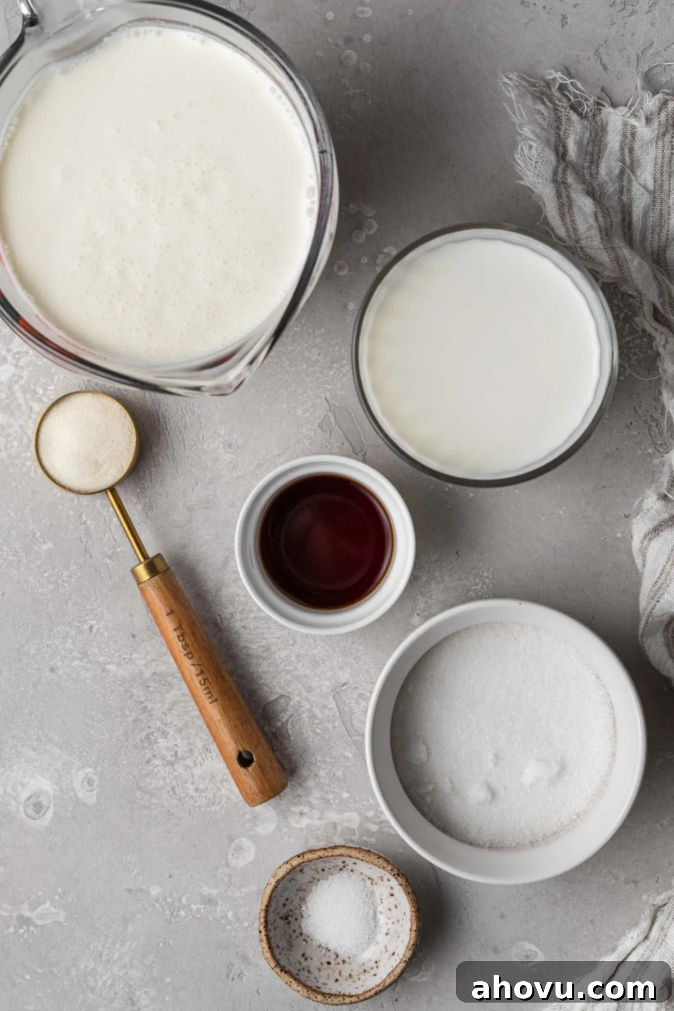 Silken Italian Indulgence 3 An overhead view of the ingredients needed to make homemade panna cotta.