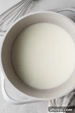 An overhead view of a warm milk and gelatin mixture.
