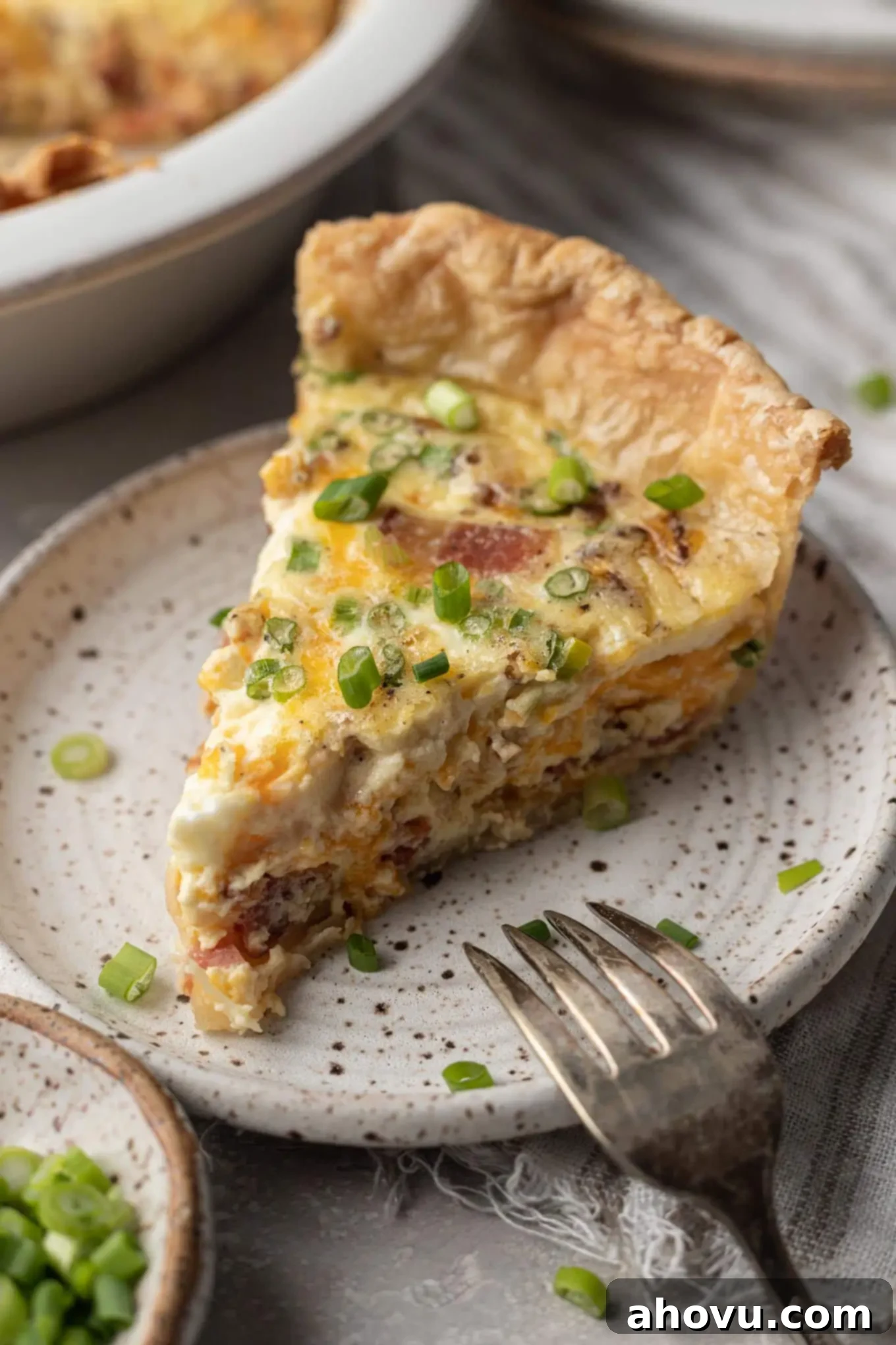 A golden-brown slice of bacon and cheese quiche on a speckled white plate, ready to be enjoyed.