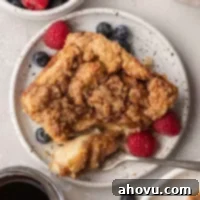 An overhead view of a slice of French toast casserole.