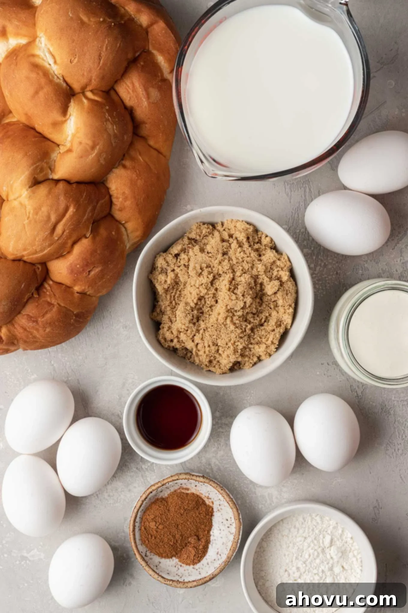 Sweet Morning French Toast Bake 3 An overhead view of the ingredients needed to make overnight baked french toast casserole.
