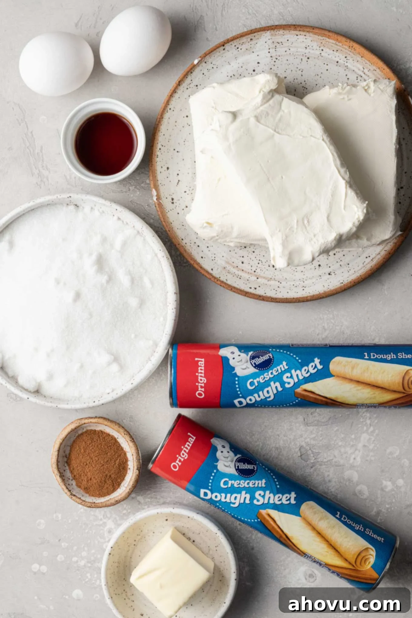 An overhead view of the ingredients used for sopapilla cheesecake.