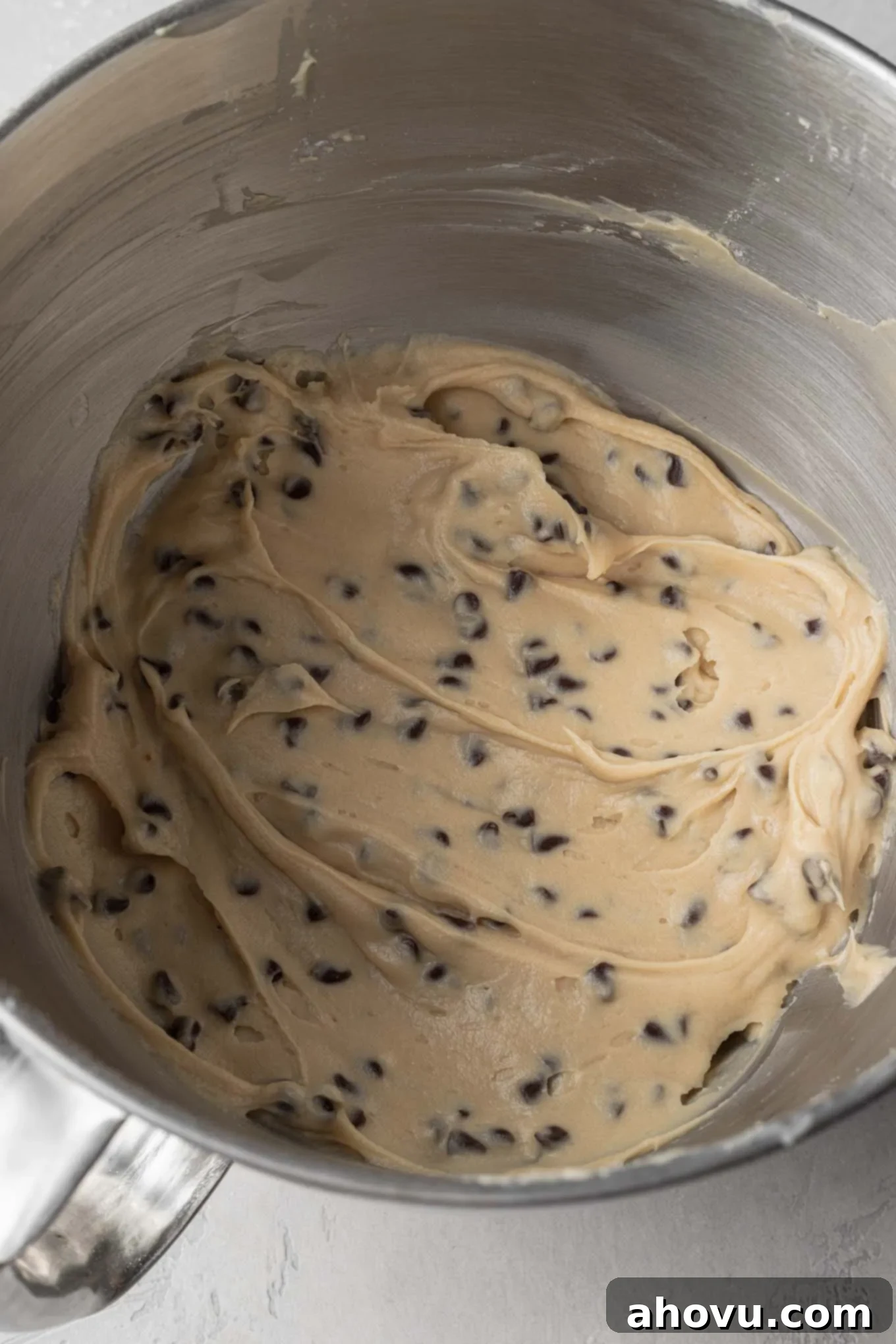 Dreamy Cookie Dough Dip 7 Cookie dough dip in a stainless steel mixing bowl.