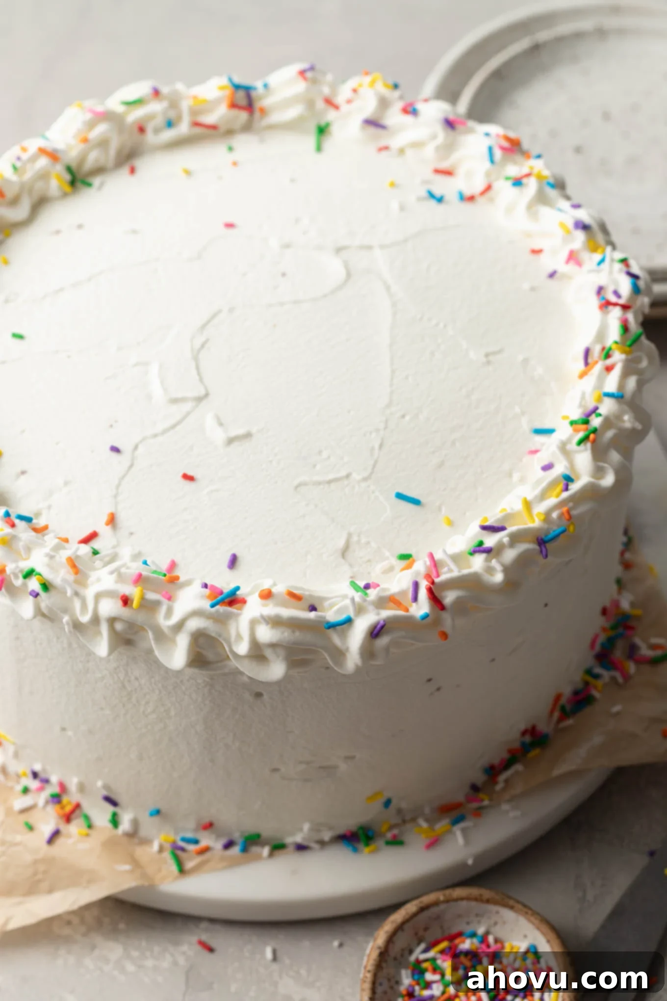 The Ultimate Homemade Ice Cream Cake 15 A beautifully finished ice cream cake, generously coated in whipped cream and adorned with colorful sprinkles, sitting on a cake stand.