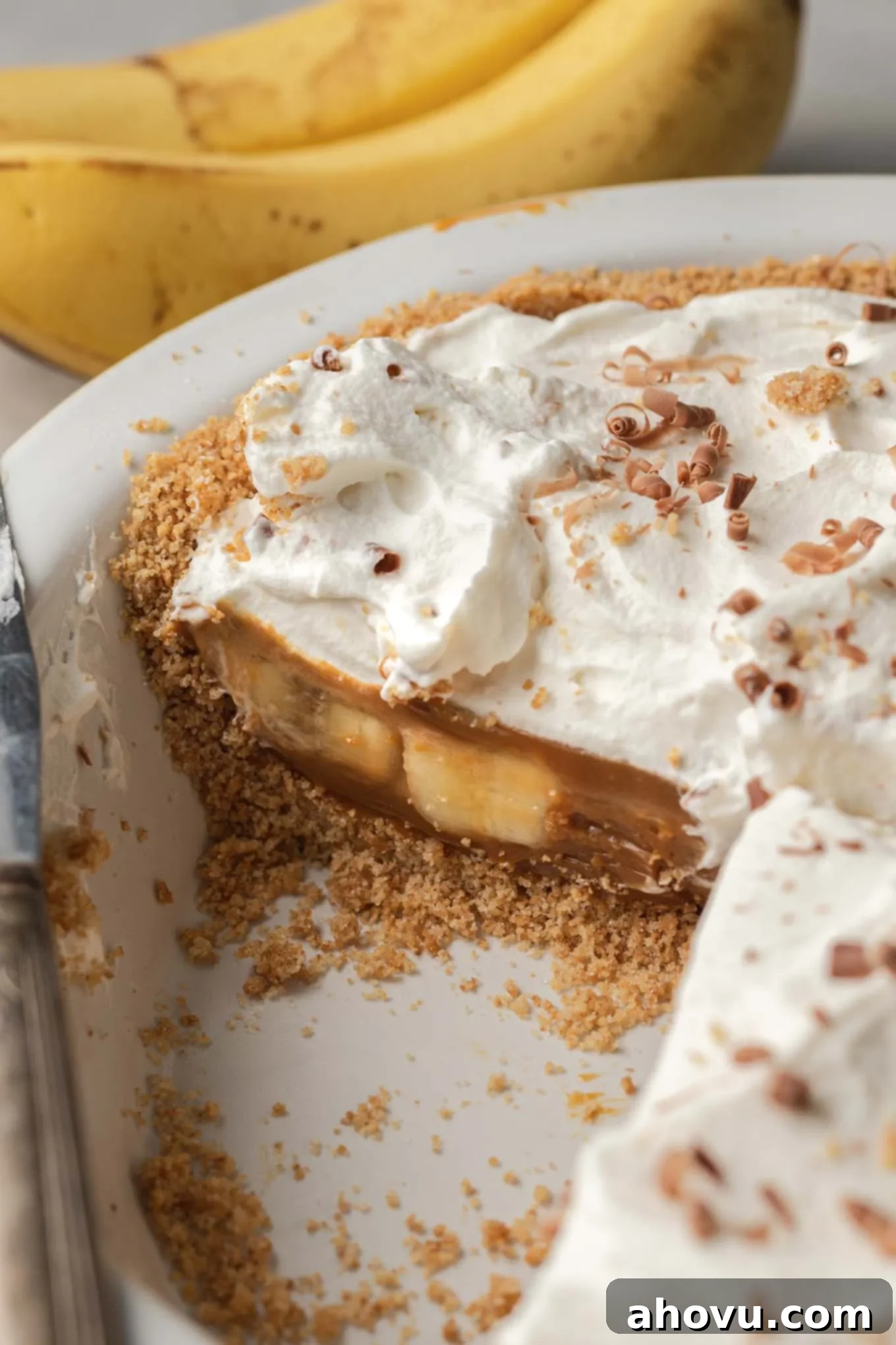 A cross-section view of a partially eaten banoffee pie in a pie plate, beautifully displaying its layered construction. 