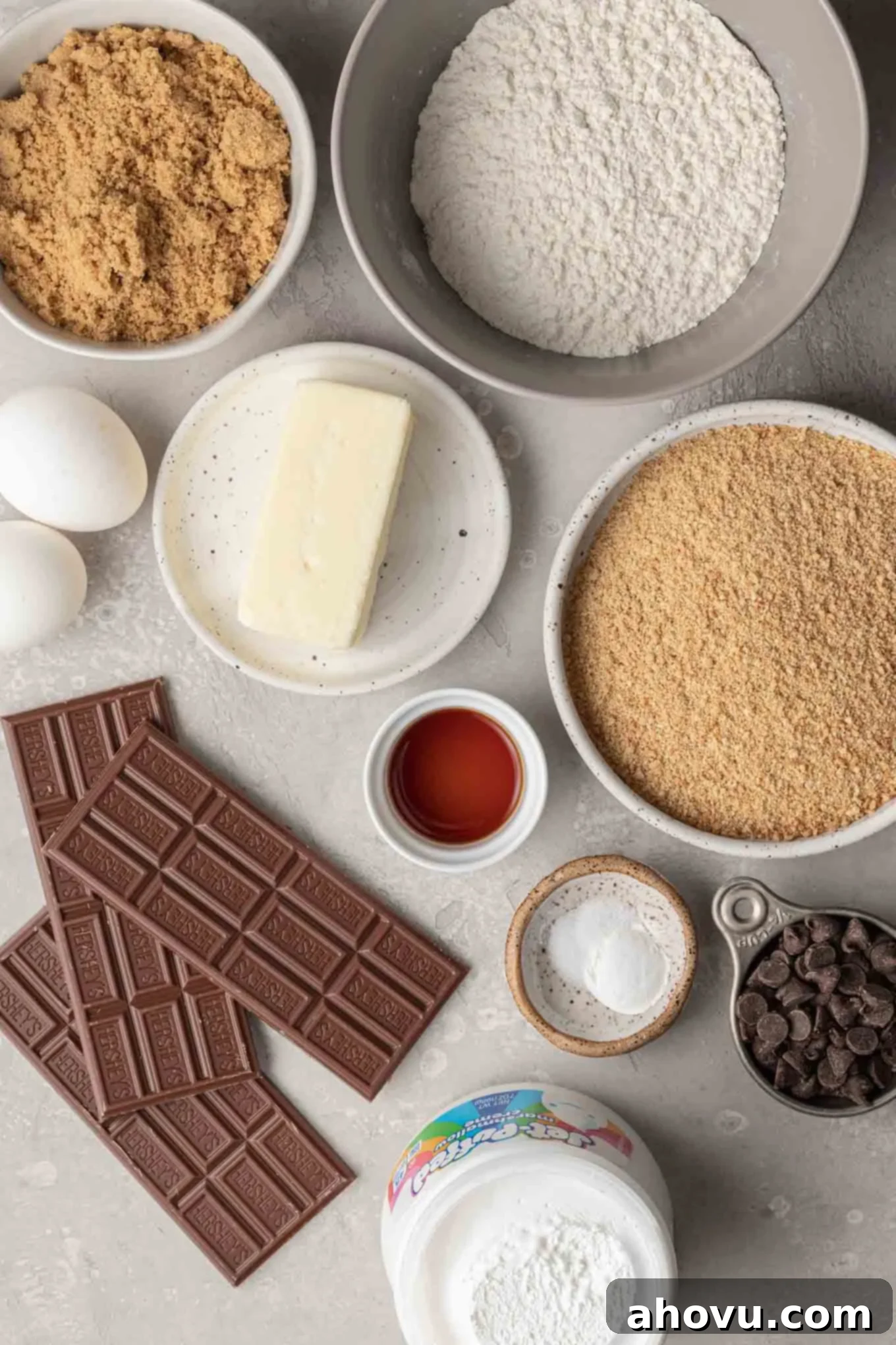 S'mores Bars 3 An overhead view of the ingredients needed to make s'mores cookie bars.